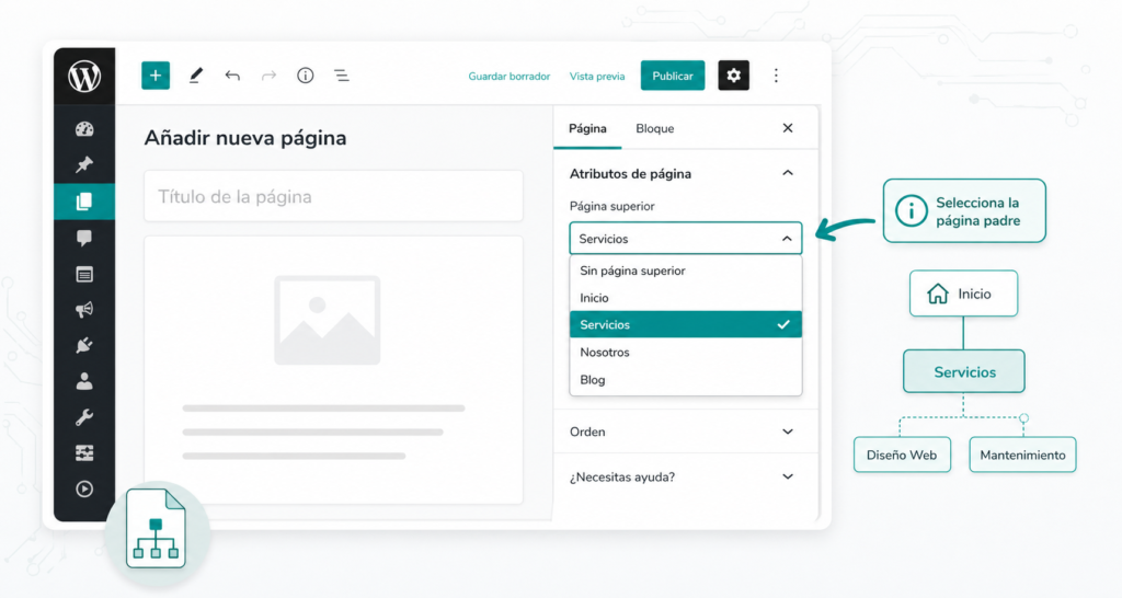 7 pasos fáciles para crear una sub página en WordPress correctamente 4 Seleccionar Página Padre Para Crear Sub Página En Wordpress